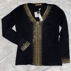 belldini Woman’s Large Black Zip-up Sweater with Gold Accents NWT